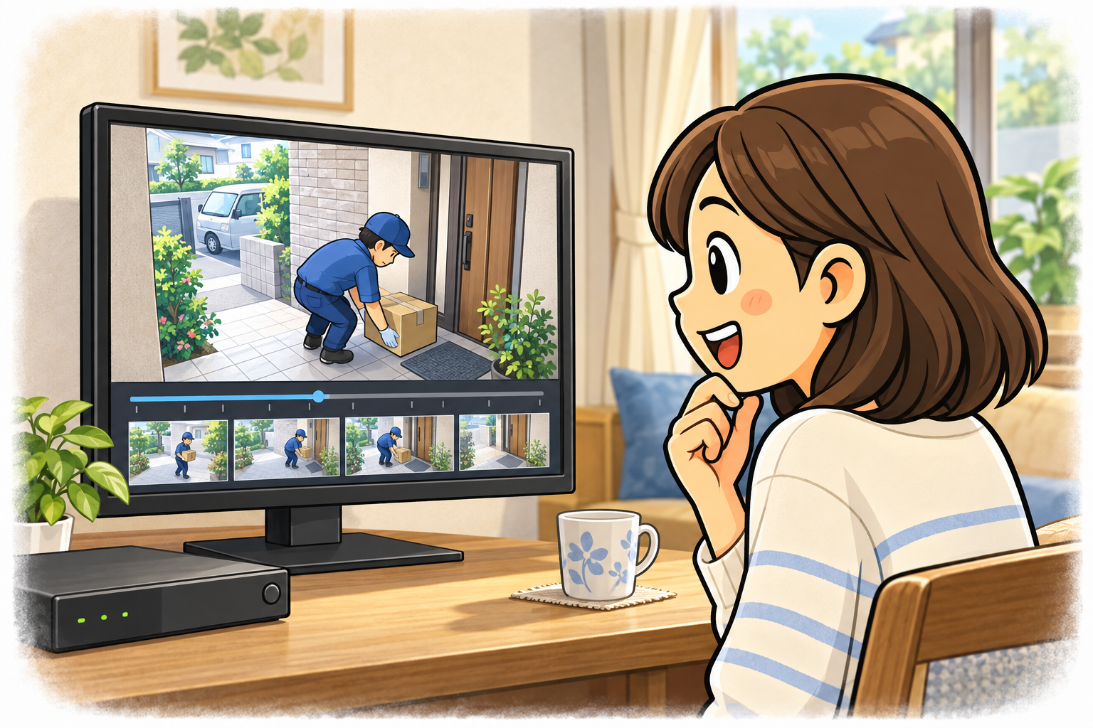 荷物が置かれた場面を録画で見返す女性