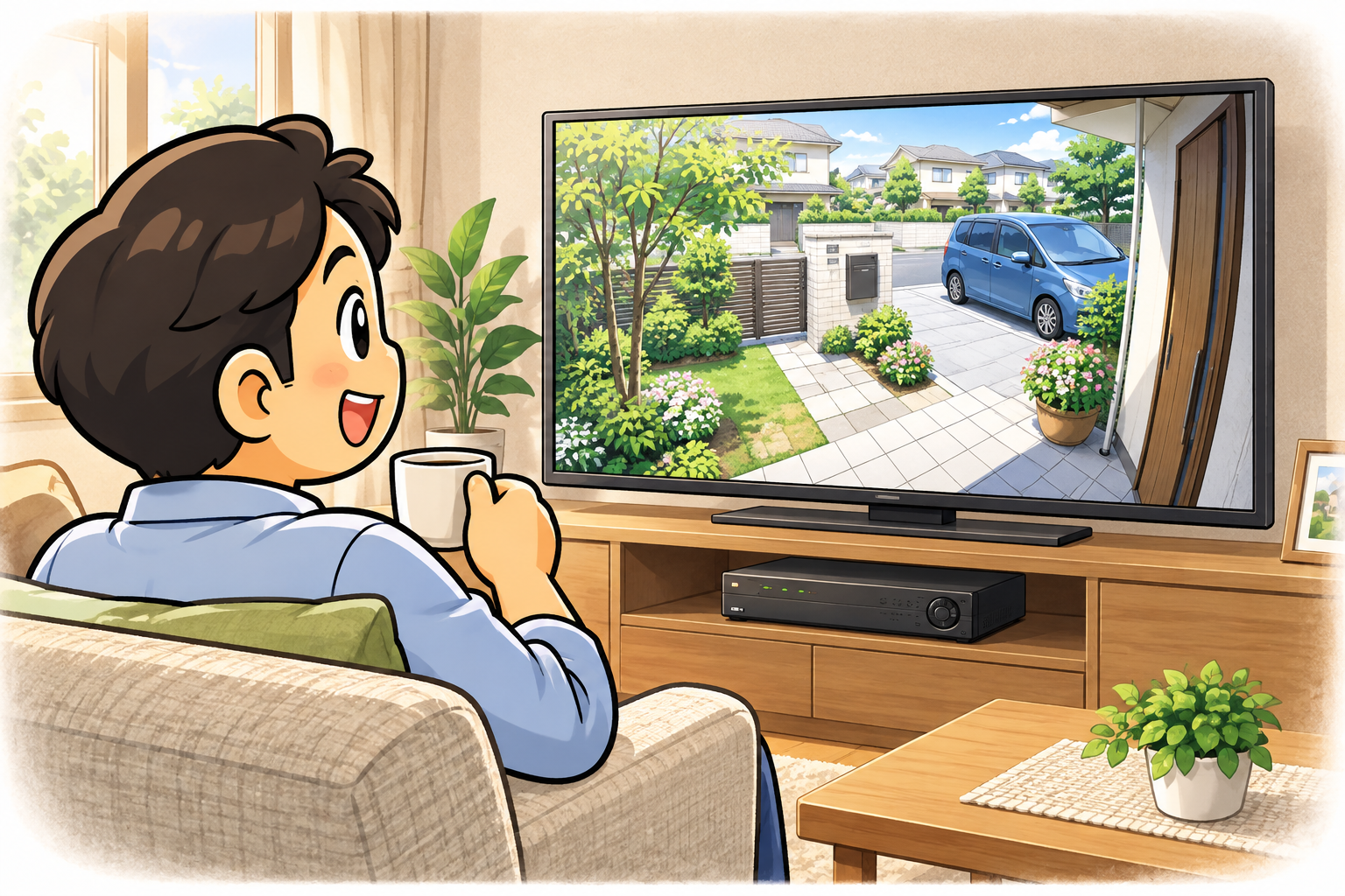 室内のソファからテレビに映る玄関・庭・駐車場を見守る男性